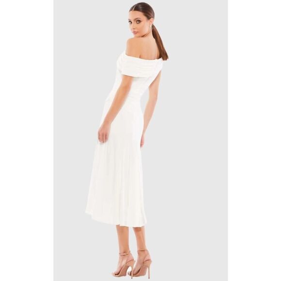 Ieena for Mac Duggal White Ruched Off-The-Shoulder Midi Dress - Size 12 - NWT - Picture 1 of 6